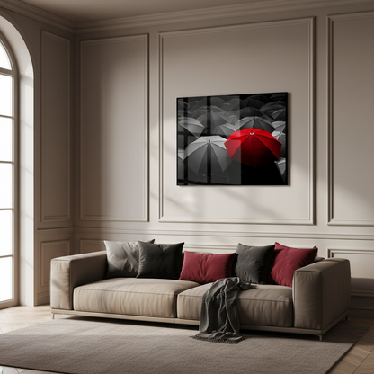 Red umbrella standing out from group black umbrellas
