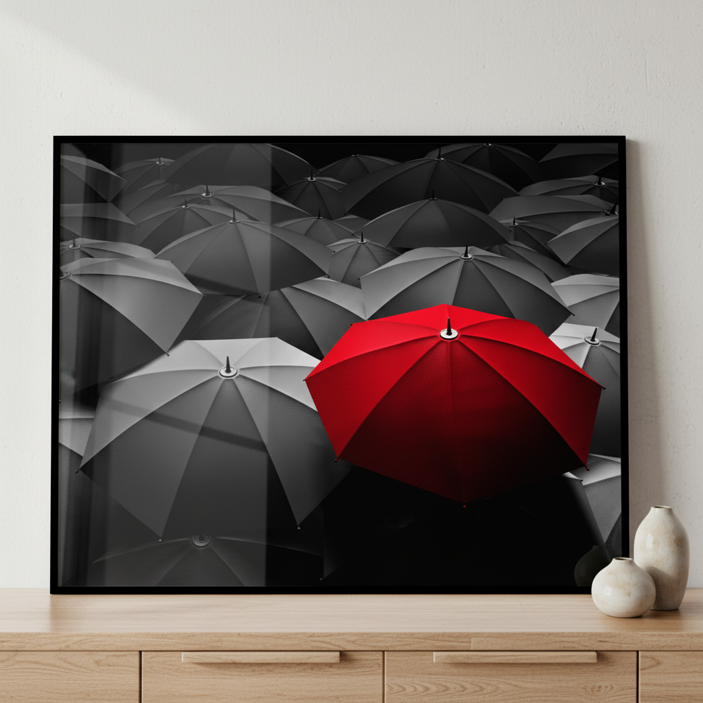 Red umbrella standing out from group black umbrellas ภาพติดผังสไตล์นามธรรม สำหรับตกแต่งบ้านและคอนโด พร้อมกรอบคุณภาพ