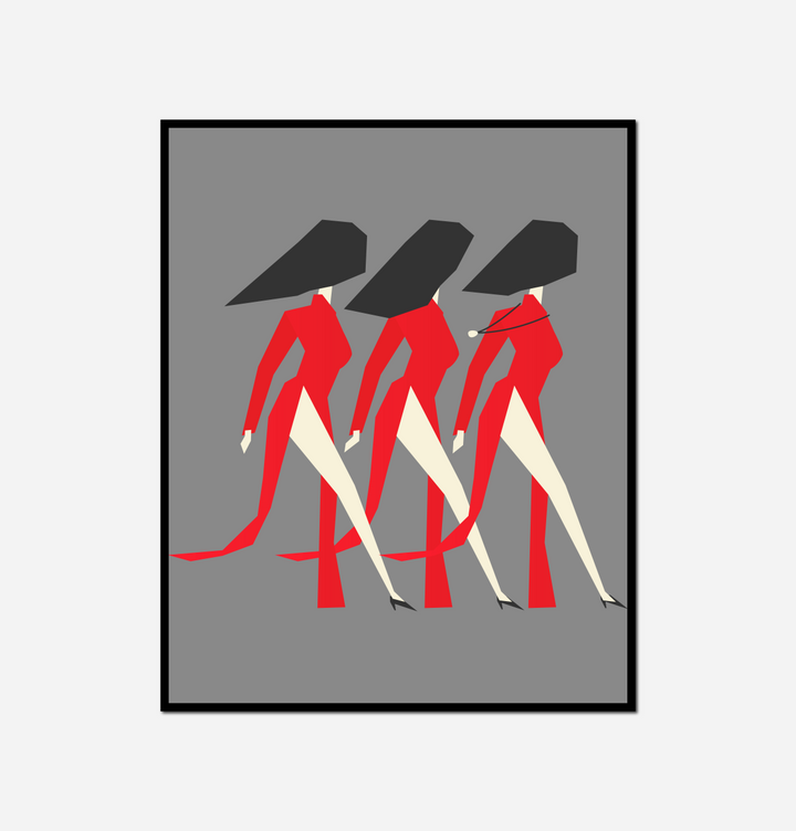 three women red black dresses walking together