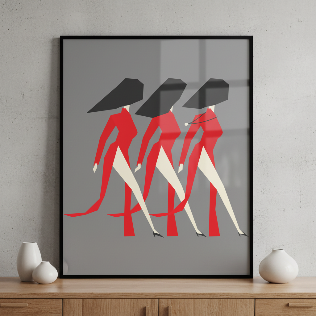 Three women red black dresses walking together ภาพติดผังสไตล์สแกนดิเนเวีย สำหรับตกแต่งบ้านและคอนโด พร้อมกรอบคุณภาพ