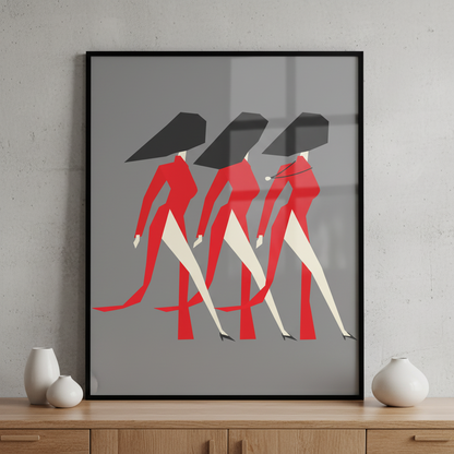 Three women red black dresses walking together ภาพติดผังสไตล์สแกนดิเนเวีย สำหรับตกแต่งบ้านและคอนโด พร้อมกรอบคุณภาพ