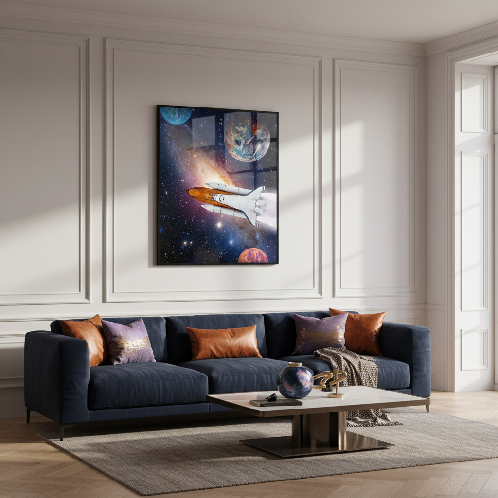 Space shuttle flying galaxy planets