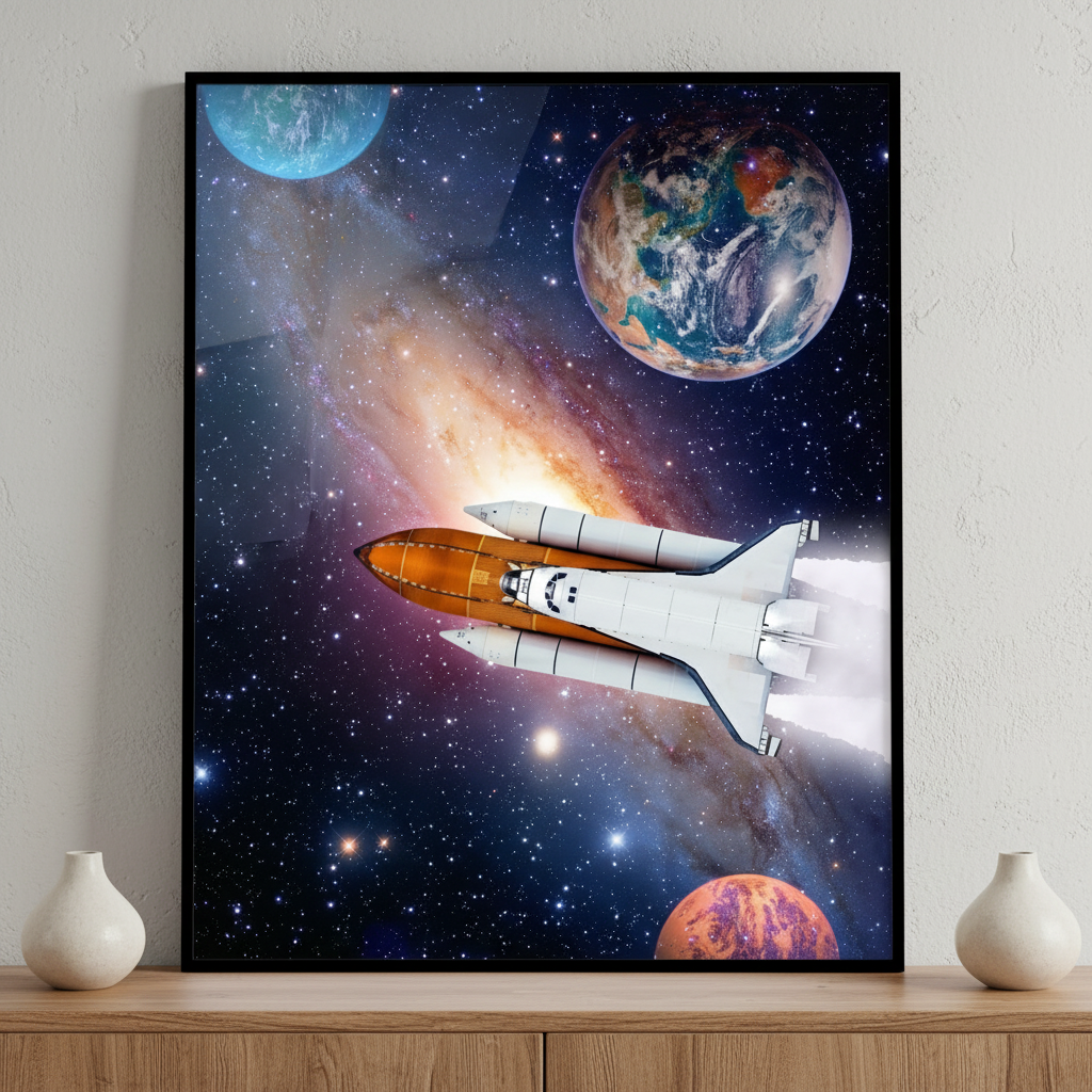 Space shuttle flying galaxy planets ภาพติดผังสไตล์นามธรรม สำหรับตกแต่งบ้านและคอนโด พร้อมกรอบคุณภาพ