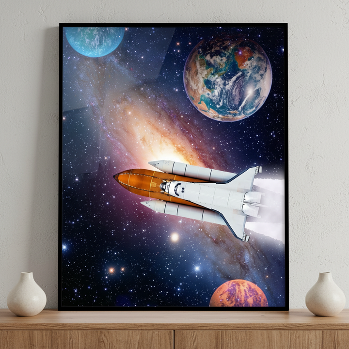 Space shuttle flying galaxy planets ภาพติดผังสไตล์นามธรรม สำหรับตกแต่งบ้านและคอนโด พร้อมกรอบคุณภาพ