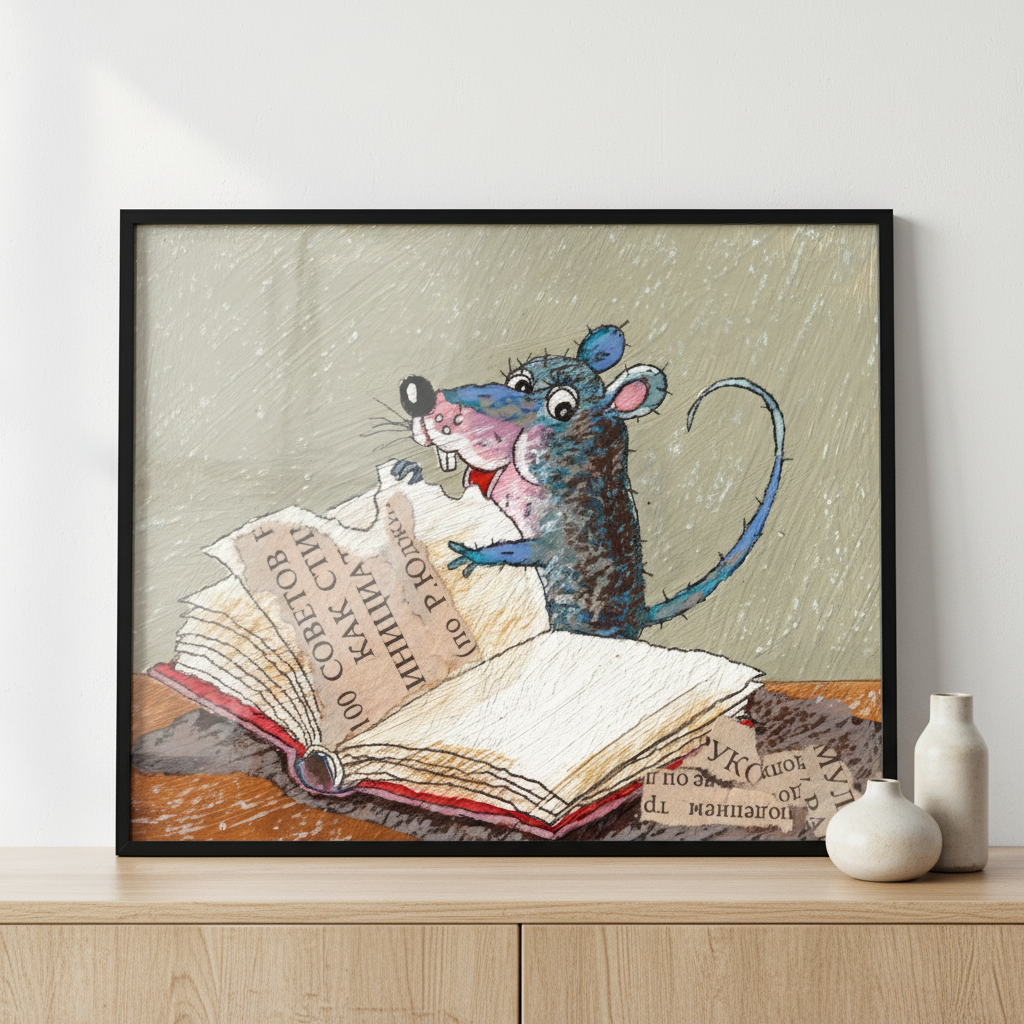 mouse reading book ภาพติดผังสไตล์สแกนดิเนเวีย สำหรับตกแต่งบ้านและคอนโด พร้อมกรอบคุณภาพ