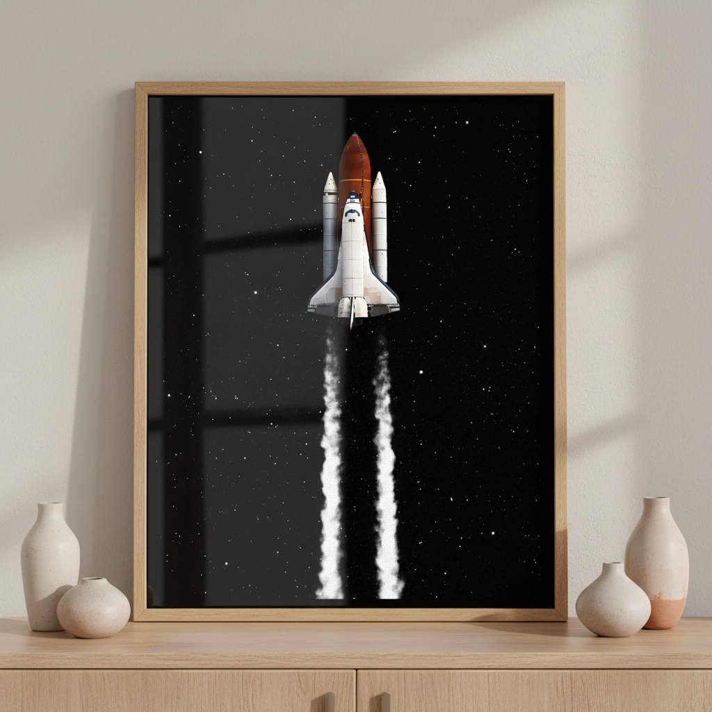 Space shuttle flying night sky smoke coming out ภาพติดผังสไตล์นามธรรม สำหรับตกแต่งบ้านและคอนโด พร้อมกรอบคุณภาพ