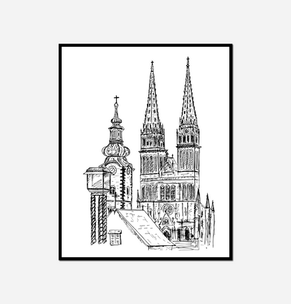 Black white church clock tower