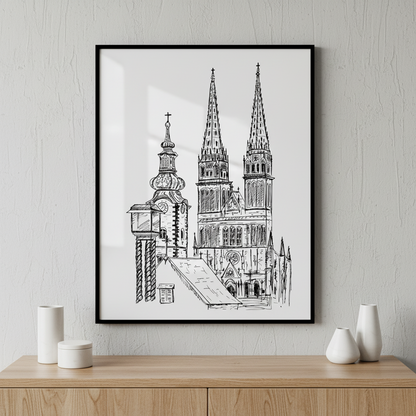 Black white church clock tower ภาพติดผังสไตล์สแกนดิเนเวีย สำหรับตกแต่งบ้านและคอนโด พร้อมกรอบคุณภาพ