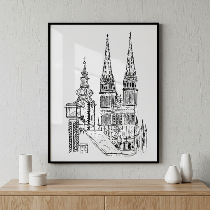 Black white church clock tower ภาพติดผังสไตล์สแกนดิเนเวีย สำหรับตกแต่งบ้านและคอนโด พร้อมกรอบคุณภาพ