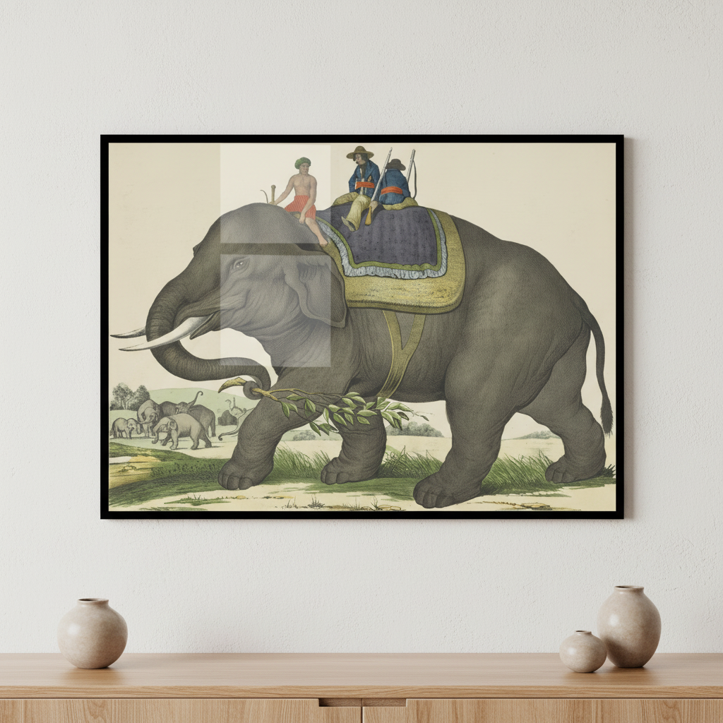 Man riding elephant group people ภาพติดผังสไตล์สแกนดิเนเวีย สำหรับตกแต่งบ้านและคอนโด พร้อมกรอบคุณภาพ
