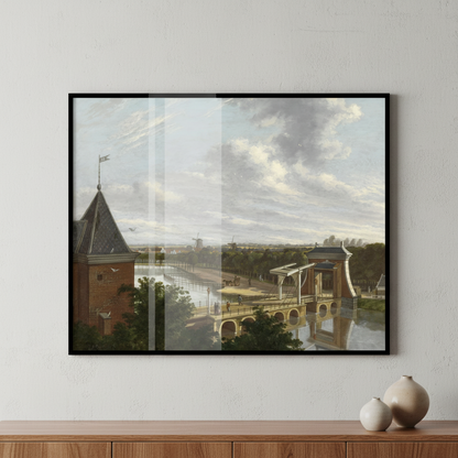 Painting bridge over river building