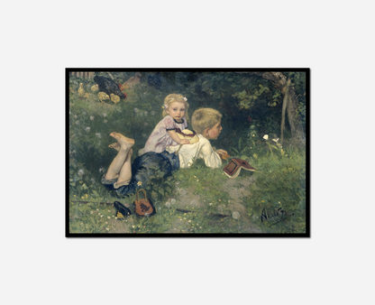 Two children sitting grass woods