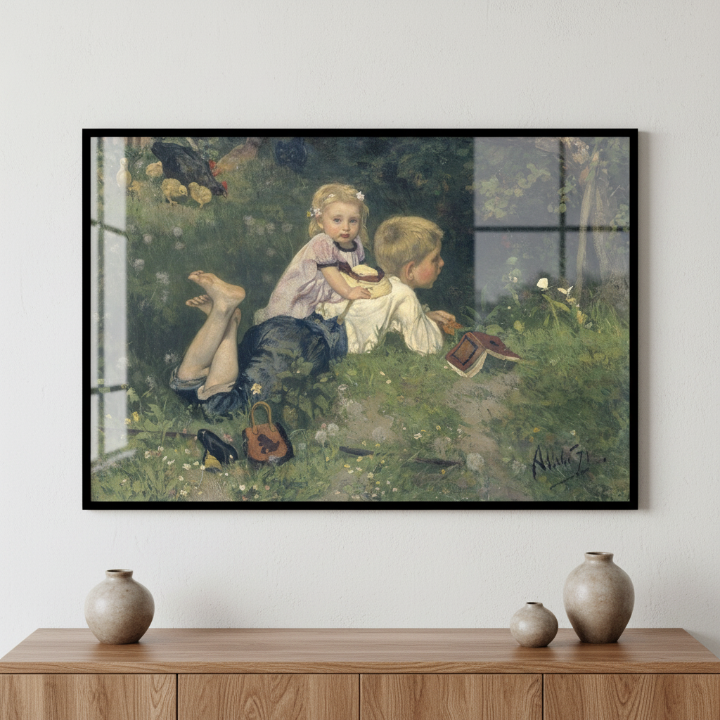 Two children sitting grass woods ภาพติดผังสไตล์สแกนดิเนเวีย สำหรับตกแต่งบ้านและคอนโด พร้อมกรอบคุณภาพ