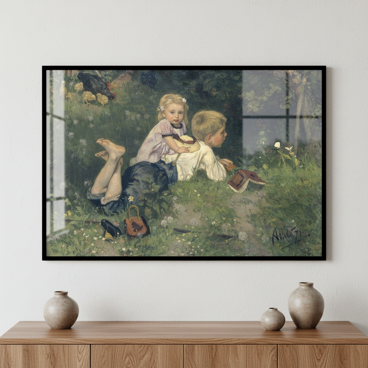Two children sitting grass woods ภาพติดผังสไตล์สแกนดิเนเวีย สำหรับตกแต่งบ้านและคอนโด พร้อมกรอบคุณภาพ