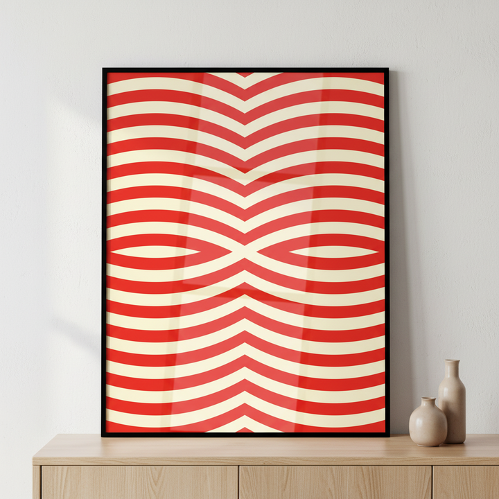 Close red white striped pattern white ภาพติดผังสไตล์Bauhaus สำหรับตกแต่งบ้านและคอนโด พร้อมกรอบคุณภาพ