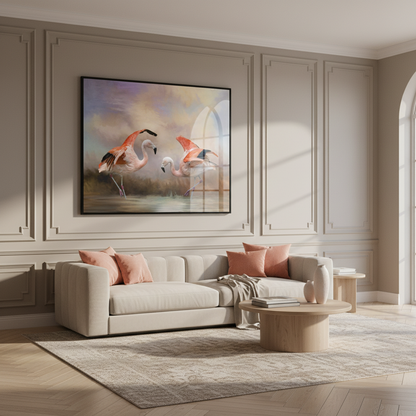 Painting two flamingos standing water cloudy sky
