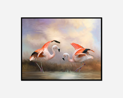 Painting two flamingos standing water cloudy sky
