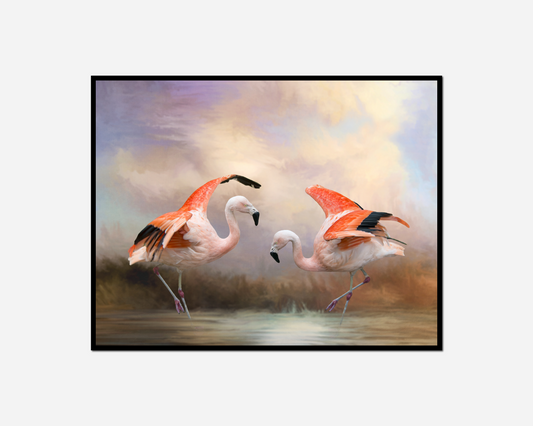painting two flamingos standing water cloudy sky