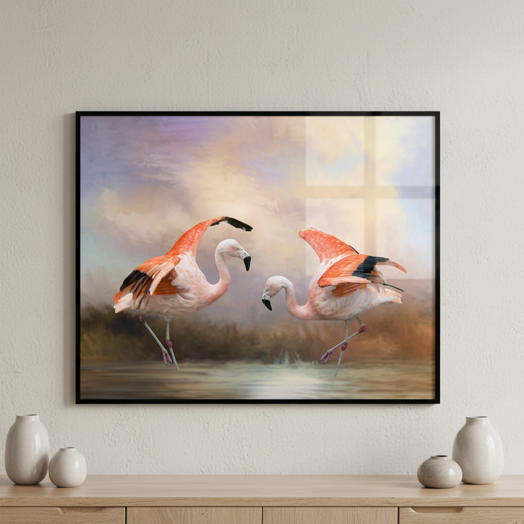 Painting two flamingos standing water cloudy sky ภาพติดผังสไตล์สแกนดิเนเวีย สำหรับตกแต่งบ้านและคอนโด พร้อมกรอบคุณภาพ