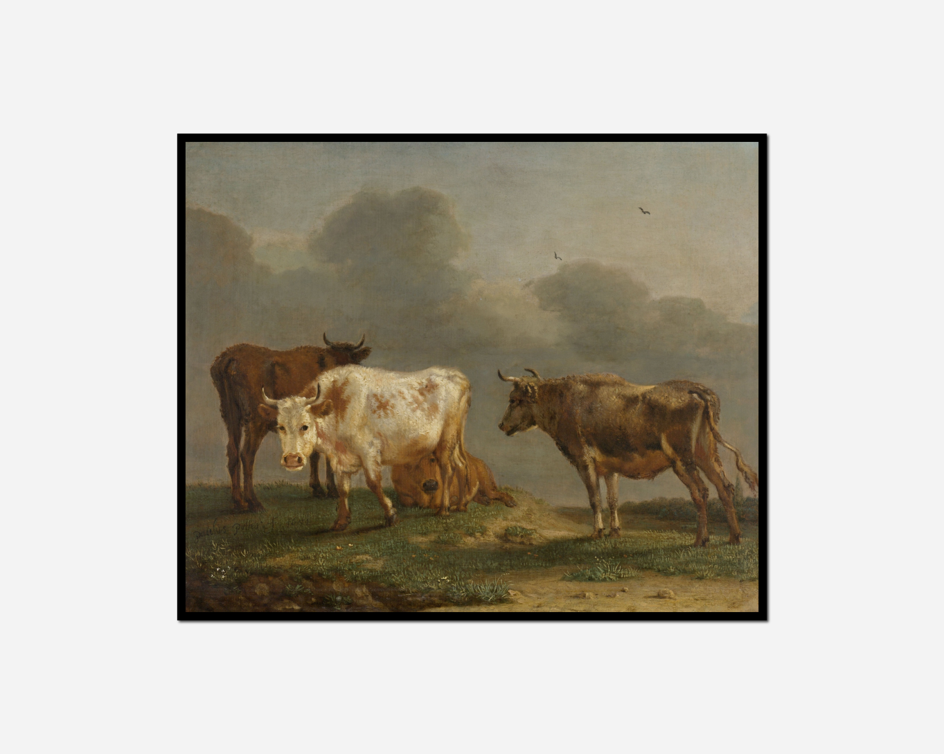 painting cows landscape bird flying overhead