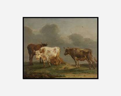 Painting cows landscape bird flying overhead