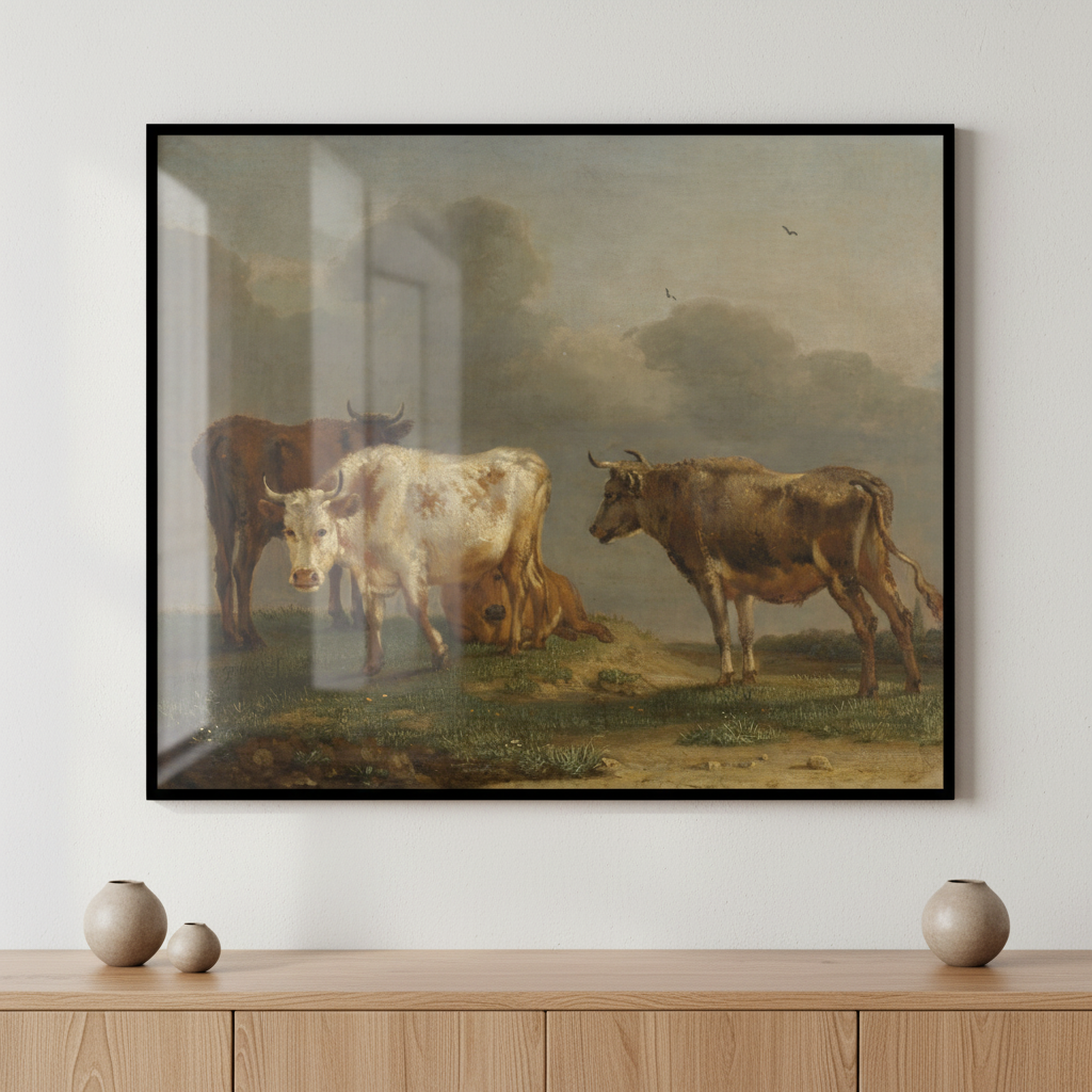 Painting cows landscape bird flying overhead ภาพติดผังสไตล์สแกนดิเนเวีย สำหรับตกแต่งบ้านและคอนโด พร้อมกรอบคุณภาพ