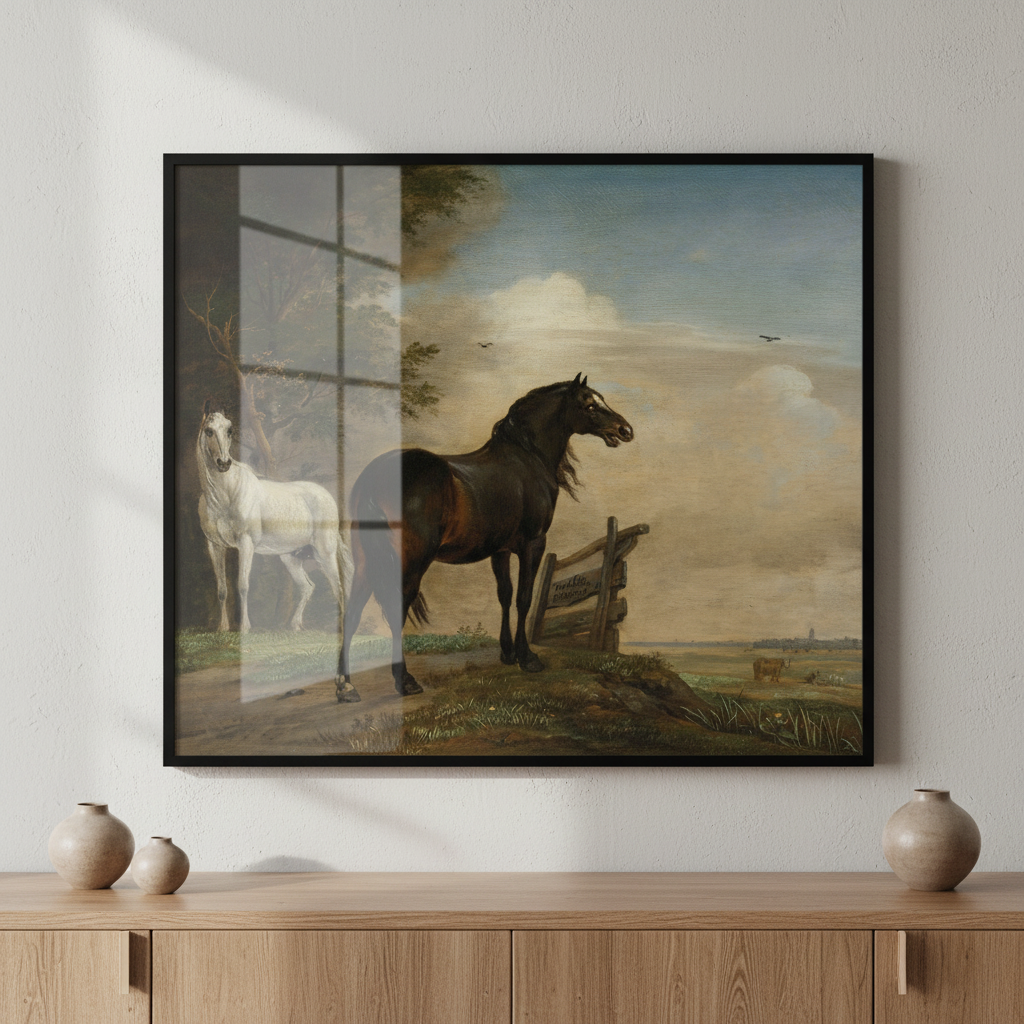 Painting two horses landscape fence ภาพติดผังสไตล์สแกนดิเนเวีย สำหรับตกแต่งบ้านและคอนโด พร้อมกรอบคุณภาพ