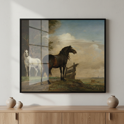 Painting two horses landscape fence ภาพติดผังสไตล์สแกนดิเนเวีย สำหรับตกแต่งบ้านและคอนโด พร้อมกรอบคุณภาพ