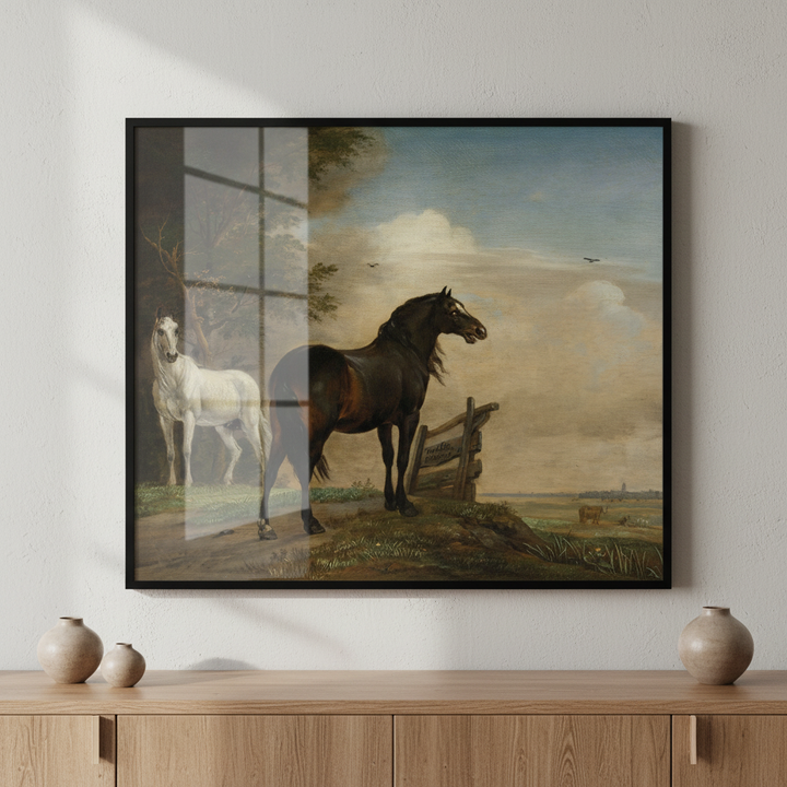 Painting two horses landscape fence ภาพติดผังสไตล์สแกนดิเนเวีย สำหรับตกแต่งบ้านและคอนโด พร้อมกรอบคุณภาพ