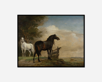 Painting two horses landscape fence