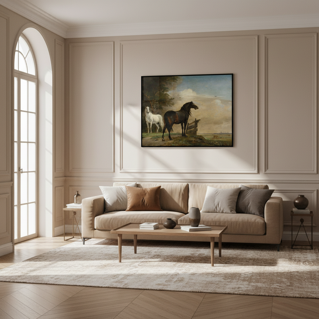 Painting two horses landscape fence