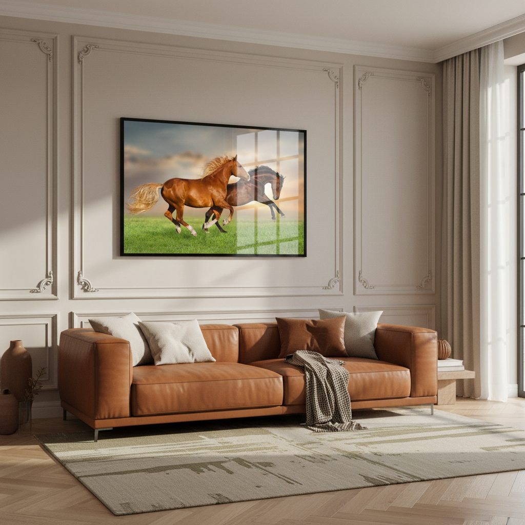 Two horses running grass together