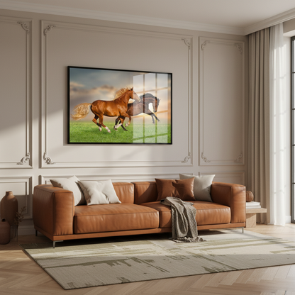 Two horses running grass together