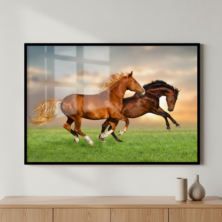 Two horses running grass together ภาพติดผังสไตล์สแกนดิเนเวีย สำหรับตกแต่งบ้านและคอนโด พร้อมกรอบคุณภาพ