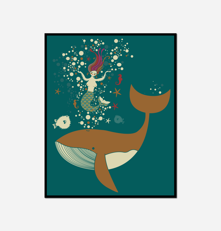 woman riding whale bubbles