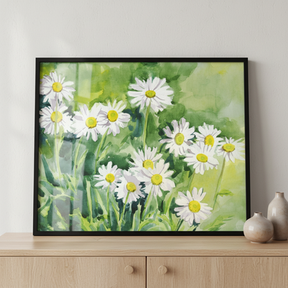 Painting bunch daisies field green ภาพติดผังสไตล์นามธรรม สำหรับตกแต่งบ้านและคอนโด พร้อมกรอบคุณภาพ