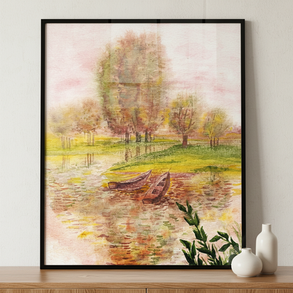 Painting boat lake trees ภาพติดผังสไตล์สแกนดิเนเวีย สำหรับตกแต่งบ้านและคอนโด พร้อมกรอบคุณภาพ