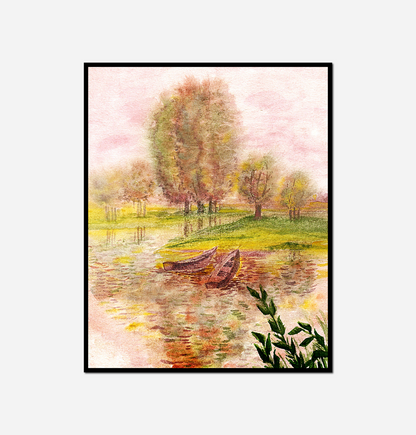 Painting boat lake trees