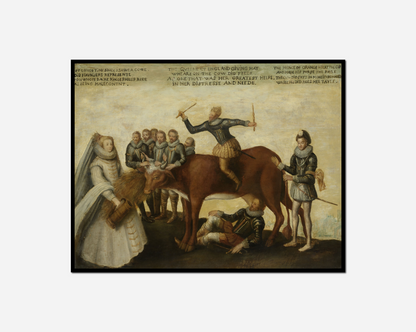 Painting man horse being led by woman