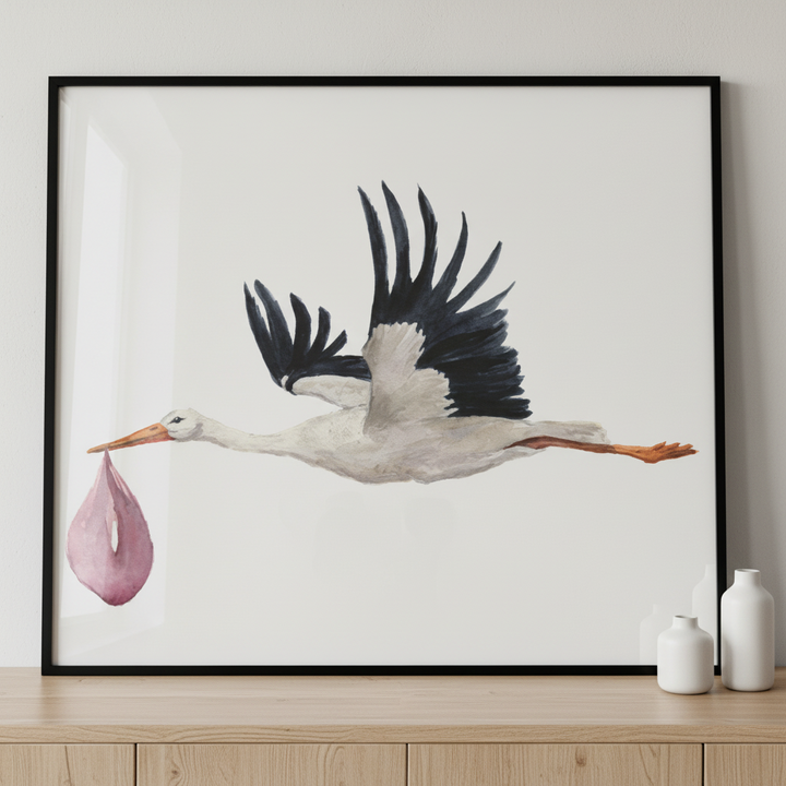 Bird flying pink flower its beak ภาพติดผังสไตล์สแกนดิเนเวีย สำหรับตกแต่งบ้านและคอนโด พร้อมกรอบคุณภาพ