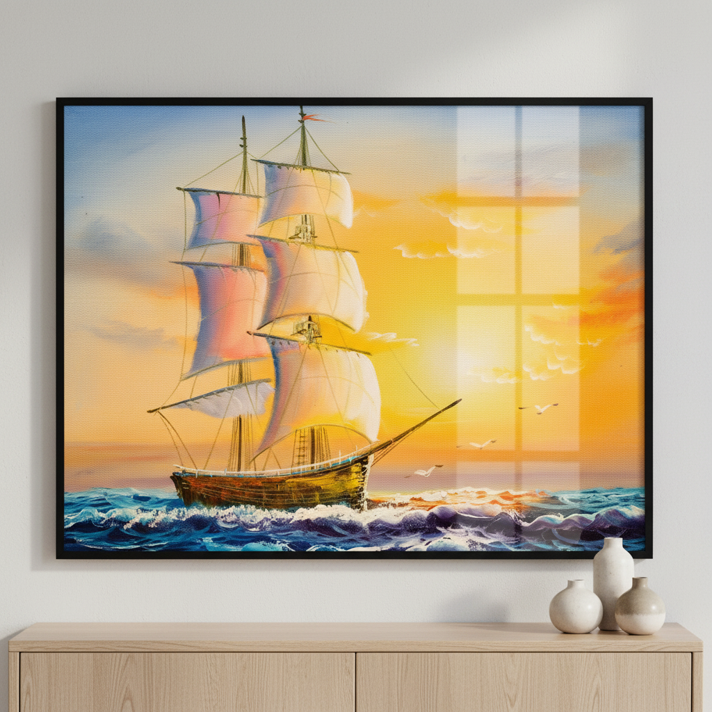 Painting sailboat ocean sunset ภาพติดผังสไตล์สแกนดิเนเวีย สำหรับตกแต่งบ้านและคอนโด พร้อมกรอบคุณภาพ