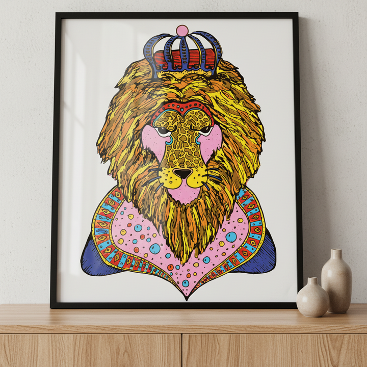 Lion crown its head ภาพติดผังสไตล์สแกนดิเนเวีย สำหรับตกแต่งบ้านและคอนโด พร้อมกรอบคุณภาพ