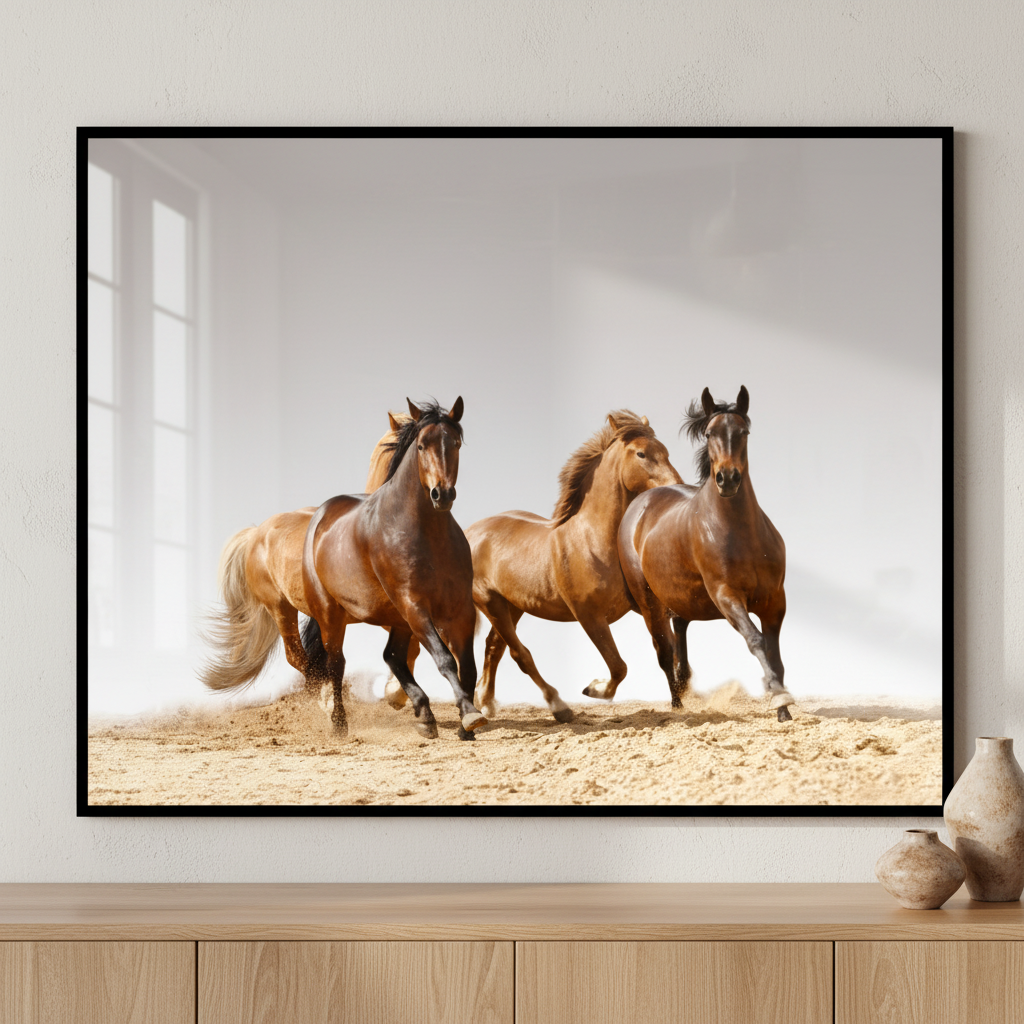 horses running sand cloudy day ภาพติดผังสไตล์สแกนดิเนเวีย สำหรับตกแต่งบ้านและคอนโด พร้อมกรอบคุณภาพ