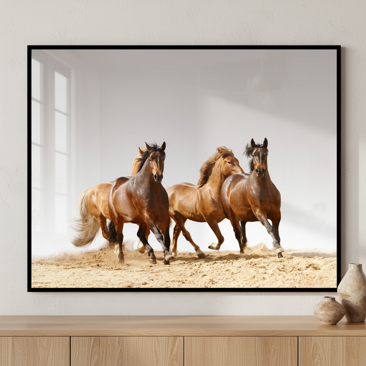 horses running sand cloudy day ภาพติดผังสไตล์สแกนดิเนเวีย สำหรับตกแต่งบ้านและคอนโด พร้อมกรอบคุณภาพ