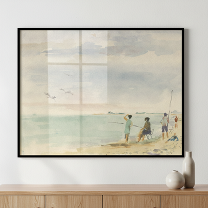 Painting man fishing beach group people ภาพติดผังสไตล์วิวธรรมชาติ สำหรับตกแต่งบ้านและคอนโด พร้อมกรอบคุณภาพ