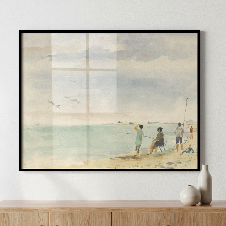 Painting man fishing beach group people ภาพติดผังสไตล์วิวธรรมชาติ สำหรับตกแต่งบ้านและคอนโด พร้อมกรอบคุณภาพ