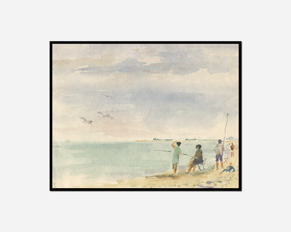 Painting man fishing beach group people