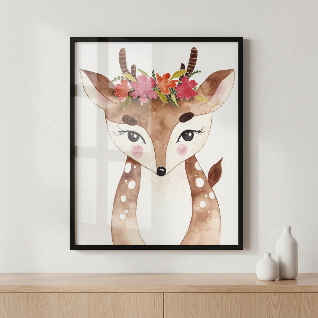 Close deer flower crown its head ภาพติดผังสไตล์สแกนดิเนเวีย สำหรับตกแต่งบ้านและคอนโด พร้อมกรอบคุณภาพ