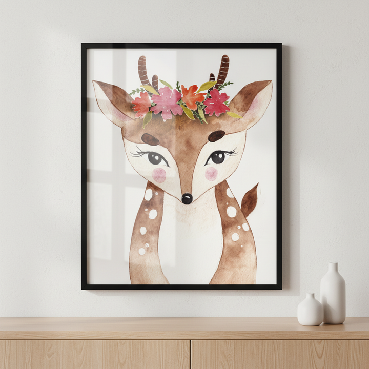 Close deer flower crown its head ภาพติดผังสไตล์สแกนดิเนเวีย สำหรับตกแต่งบ้านและคอนโด พร้อมกรอบคุณภาพ