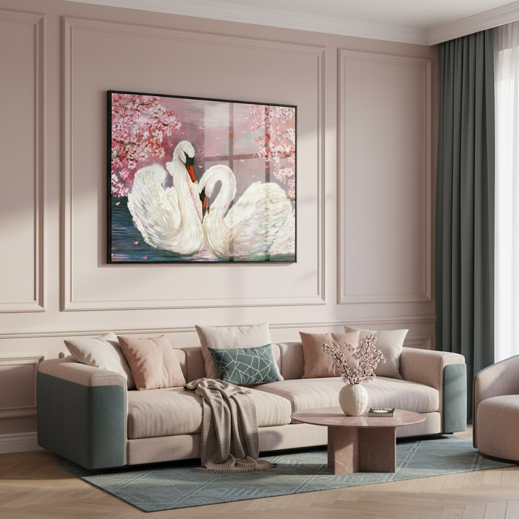 Painting two swans pond pink flowers
